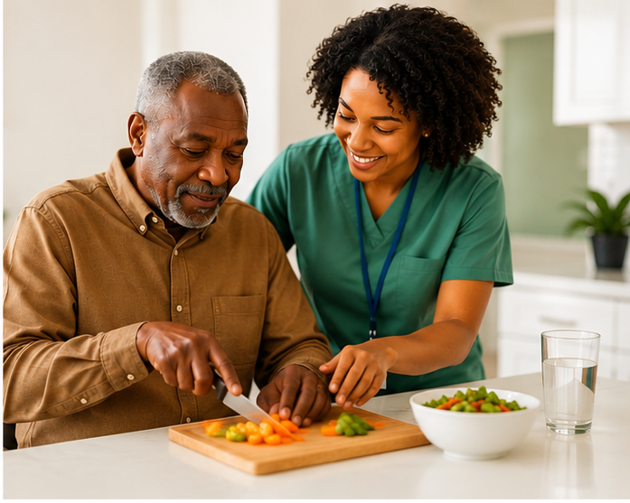 Occupational Therapise helping an older adult practice cutting vegetables