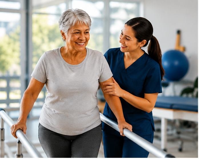 Physical Therapist working with an older adult on the parallel bars